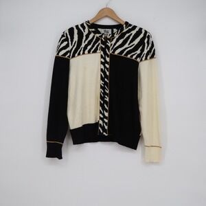 Vintage Mita Zebra Colorblock Zip Cardigan Sweater Gold Trim Black Cream Size 14